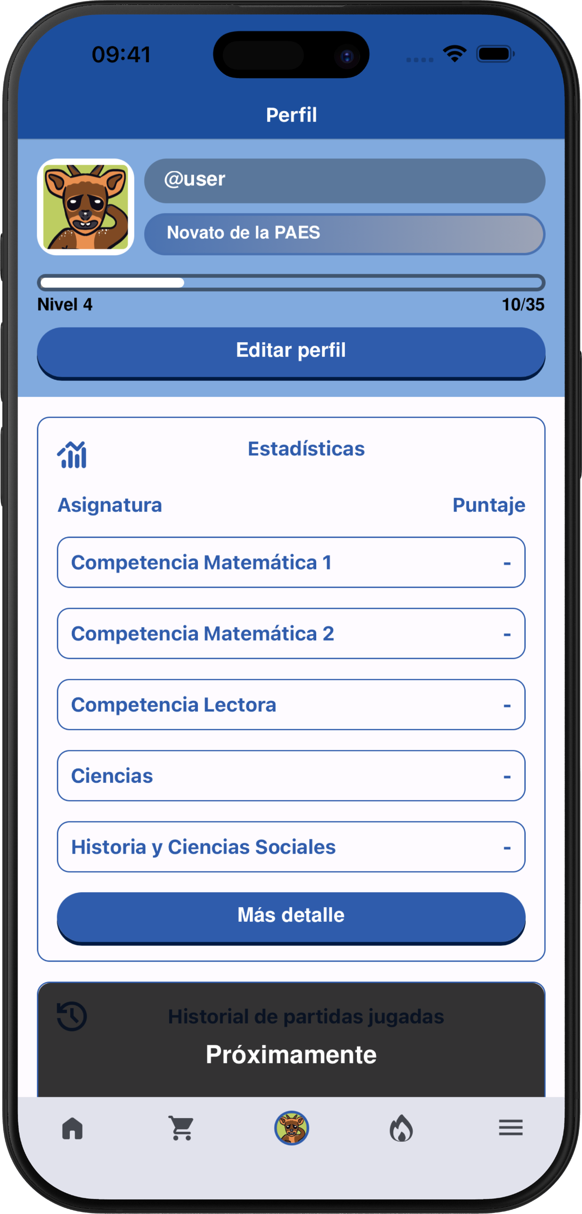 Pantalla de perfil y estadísticas en PreuApp mostrando progreso histórico del estudiante
