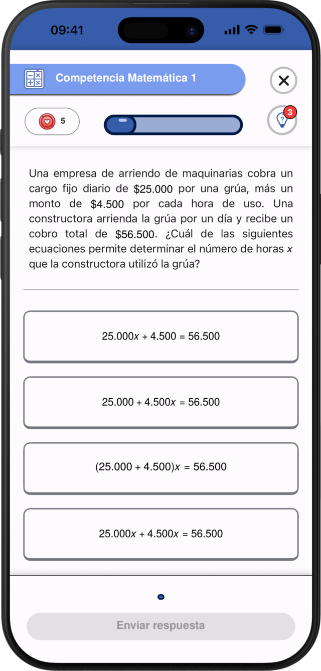Pantalla de partida de PreuApp con una pregunta PAES de matemática y alternativas de respuesta